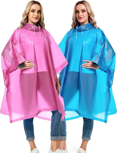 Vista 54 de Paquete de 2 ponchos de lluvia para adultos, reutilizables, impermeables, de supervivencia, emergencia, resistente, con capucha con cordón