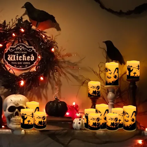 Vista 9 de fclayvts Paquete de 12 Velas de Pilar LED Sin Llama de Halloween - Funcionan con Baterías con Control Remoto y Temporizador, Luz Cálida Parpadeante