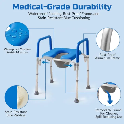 Vista 9 de Ultimate - Asiento de inodoro elevado con asas, cómoda para mesita de noche, reposabrazos acolchados, altura ajustable, asiento de inodoro elevado