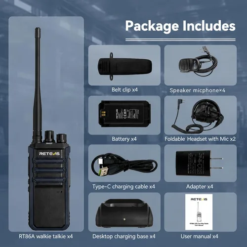 Vista 8 de Retevis RT86A GMRS Walkie Talkies de largo alcance (paquete de 4), con auriculares de radio bidireccionales plegables EHK012 con micrófono