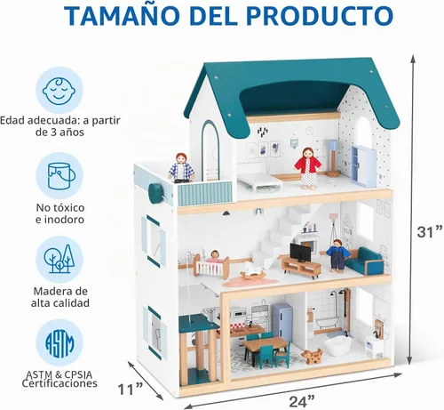 Vista 6 de OOOK Casa de muñecas de madera con elevador elevable, 2.6 pies de alto