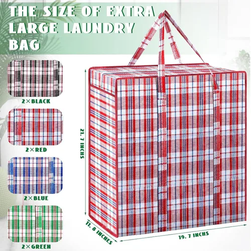Vista 2 de Hoolerry 8 bolsas grandes de plástico para lavandería con cremallera de 82.5 L, bolsa de mudanza a cuadros resistente con asas para empacar ropa