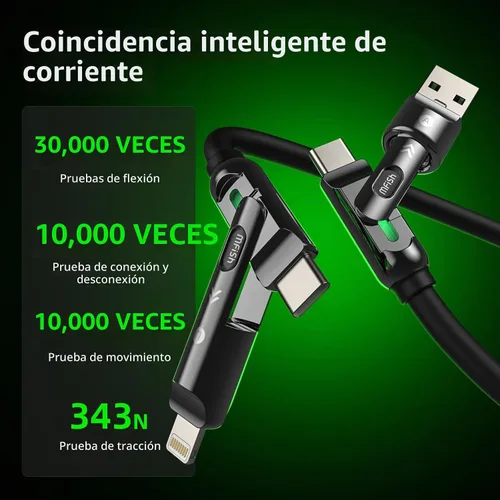 Vista 3 de MFish Cable de carga 4 en 1, cable de carga rápida máxima de 240W de 3.05 m con estuche de transporte, USB A/C de silicona a Lightning/C con luz