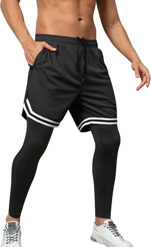 Vista 2 de SILKWORLD Pantalones de correr 2 en 1 para hombre, pantalones deportivos de compresión, leggings de entrenamiento con bolsillos con cremallera