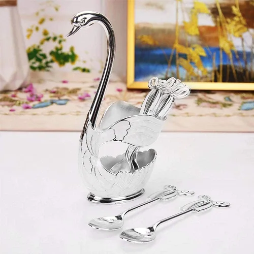 Vista 3 de Juego de cucharas de postre de café de metal con soporte, cisne para cucharas, base de cubiertos de frutas, organizador de 6 piezas de helado