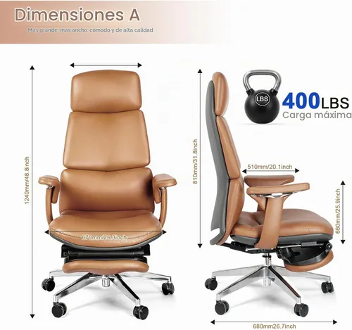 Vista 3 de Silla de oficina ergonómica de cuero genuino con reposapiés de Marrón