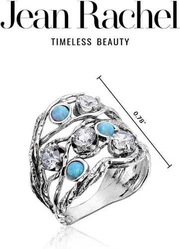 Vista 7 de Anillo de plata de ley 925 con 3 ópalo redondo azul y 4 circonitas cúbicas redondas blancas, aspecto vintage bohemio, hipoalergénico, sin níquel ni