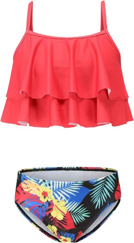 Vista 6 de Traje de baño de dos piezas para niñas, traje de baño hawaiano para niñas de 3 a 16 años Negro Rosa Rojo Floral