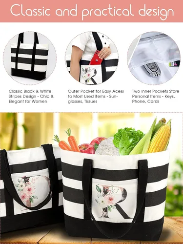 Vista 3 de PARBEE Bolso tote de lona con iniciales, diseño de rayas y flores, con cremallera superior, bolsas de playa grandes con monograma de regalo