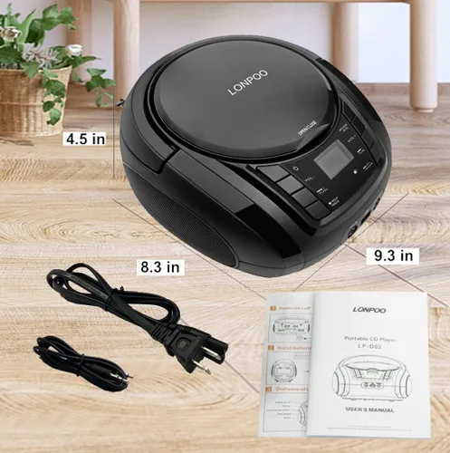 Vista 6 de LONPOO Reproductor de CD portátil Boombox con radio FM/USB/Bluetooth/entrada AUX y salida de jack de auriculares, altavoz de sonido estéreo y Negro