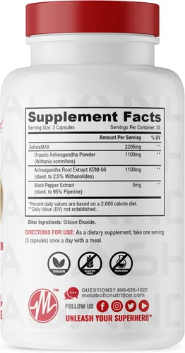 Vista 2 de Metabolic Nutrition Ashwagandha 2200 mg hecho con polvo de Ashwagandha orgánico y extracto de pimienta negra, 90 cápsulas veganas