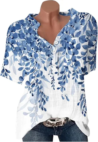 Vista 4 de Blusas casuales de lino y algodón para mujer, con estampado floral, manga corta, con botones y cuello en V