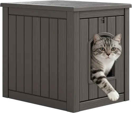 Vista 10 de Casa para gatos al aire libre resistente a la intemperie, casa de plástico para gatos exterior impermeable con puerta frontal abierta, refugio