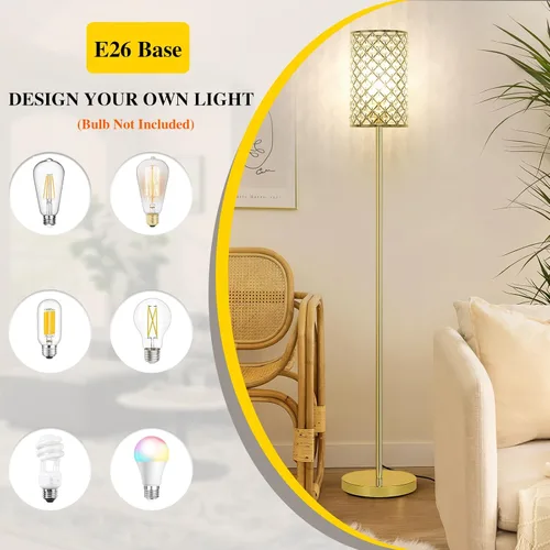 Vista 5 de Lámpara de pie dorada, lámpara de pie de cristal con pantalla decorativa, lámpara de pie con interruptor de pie de encendido/apagado y base E26