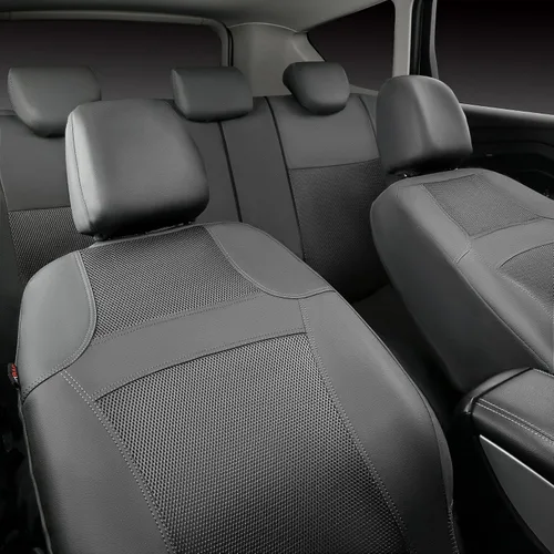 Vista 2 de CAR PASS Juego completo de fundas de asiento de automóvil de malla de aire 3D y 4 alfombrillas impermeables para piso de automóvil con esponja Gris