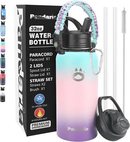 Vista 9 de Insulated Water Bottle 32oz, Stainless Steel Water Bottle with Straw & Spout Lids & Paracord Handle with Straw