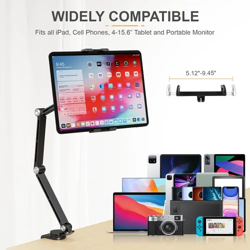 Vista 2 de Houele Soporte para Tableta, Brazo Plegable Ajustable para Tableta iPad Soporte de Escritorio con Base Giratoria de 360°, Soporte para Teléfono
