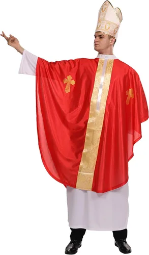 Vista 4 de Maxim Party Supplies Disfraz de Halloween para adultos, disfraz de cardenal católico bíblico para hombres, incluye bata blanca, poncho papal rojo