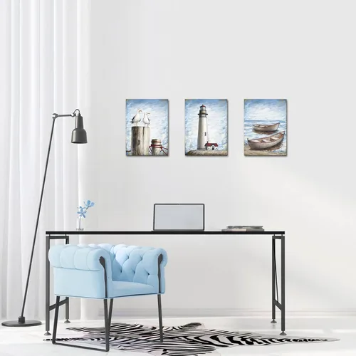 Vista 2 de LoveHouse Lienzo de faro costero, arte de pared, diseño de barco náutico, cuadros de playa, gaviota, paisaje marino, pintura, obra de arte de granja
