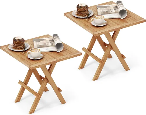 Vista 10 de RELAX4LIFE Mesa auxiliar plegable para exteriores, mesa auxiliar de madera de teca, mesa de café octogonal con mesa de listones, mesa de campamento