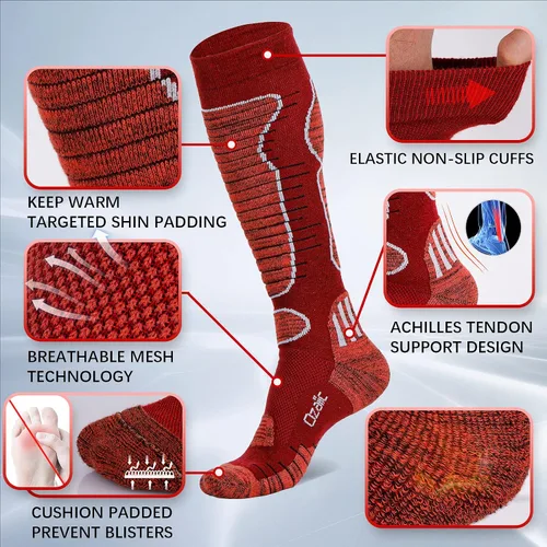 Vista 6 de Calcetines de esquí de lana merino para hombre y mujer, 2 pares para esquí, snowboard, térmicos hasta la rodilla, calcetines de rendimiento