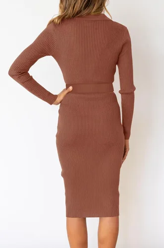 Vista 2 de Lynwitkui Vestido de suéter acanalado de manga larga con cuello en V para mujer, con botones y lazo en la cintura