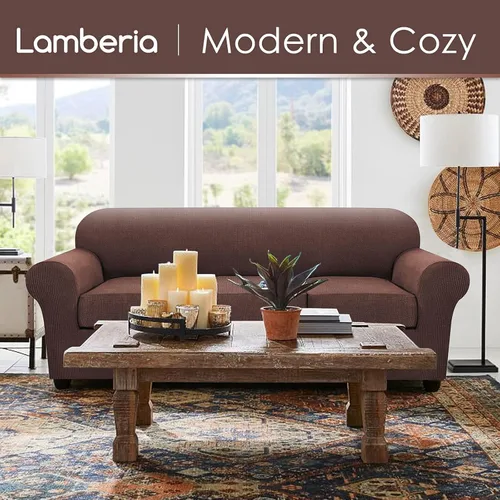 Vista 2 de Lamberia Funda de sofá de alta elasticidad para sofá de 3 cojines, 4 piezas, gruesa y lavable, funda de sofá jacquard de felpa, protector de muebles