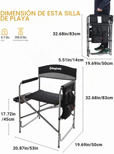 Vista 8 de KingCamp Silla de director acolchada plegable para acampar con mesa auxiliar y bolsillo, color gris