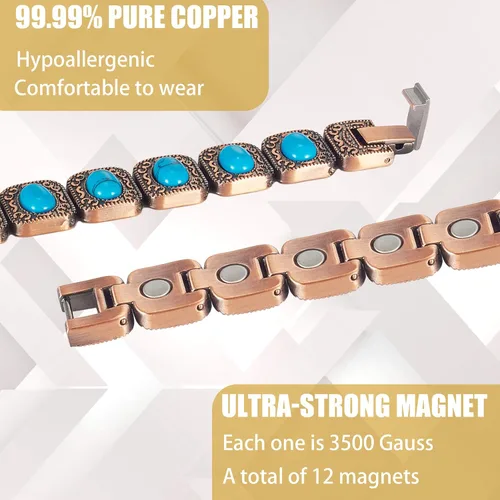 Vista 5 de MagVIVACE Pulsera de cobre para mujer y articulación, pulseras magnéticas turquesa con imanes, regalos de joyería para el día de la madre, Metal
