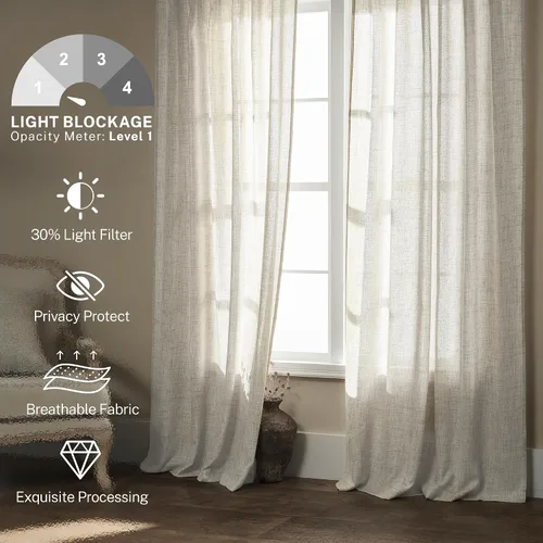 Vista 2 de Cortinas de Lino Natural Color Crema de 84 Pulgadas de Largo para Sala de Estar, Juego de 2 Paneles de Lino Texturizado con Trabillas Traseras