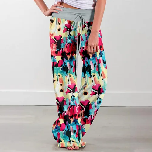 Vista 2 de Pantalones de pijama cómodos para mujer, estilo casual, estampado floral, con cordón, palazzo, de pierna ancha, elásticos, a la moda
