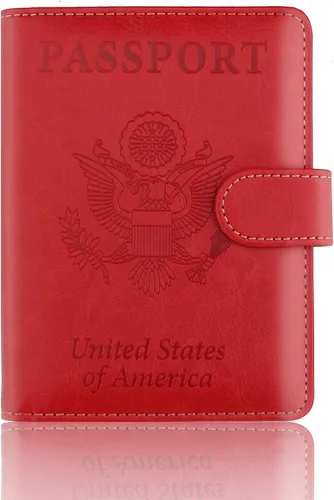 Vista 2 de Funda de piel sintética para pasaporte, con bloqueo RFID, tarjetero para mujeres y hombres, 02 Rojo, Cartera Rfid
