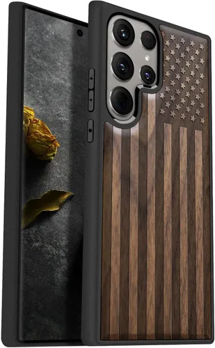 Vista 14 de Carveit Funda de madera para Galaxy S24 Ultra, bandera americana Bandera americana-Madera oscura