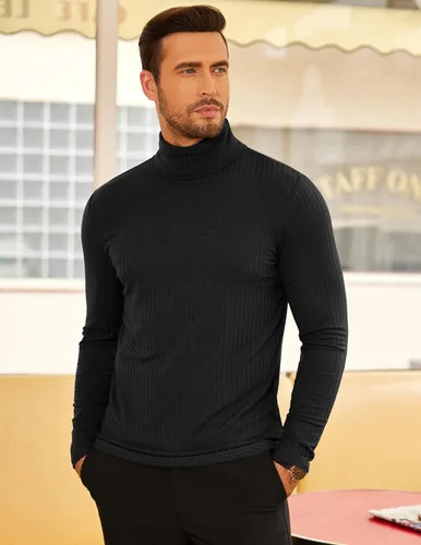 Vista 2 de COOFANDY Camisetas de manga larga con cuello alto para hombre, ajustadas, acanaladas, básicas, suéter de punto ligero