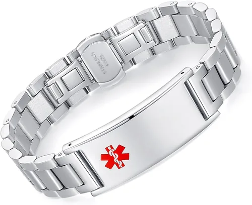 Vista 25 de LinnaLove Pulsera de alerta médica personalizada para hombres y mujeres, pulseras deportivas de acero inoxidable para identificación médica