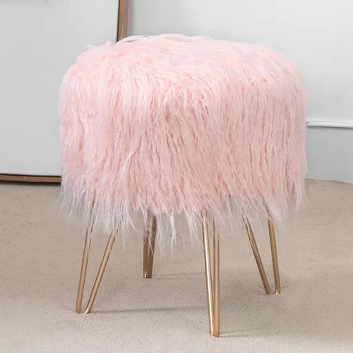 Vista 8 de Adeco Taburete otomano redondo de piel sintética con patas de metal, reposapiés suave y peludo, asiento acolchado, muebles decorativos tapizados Gris