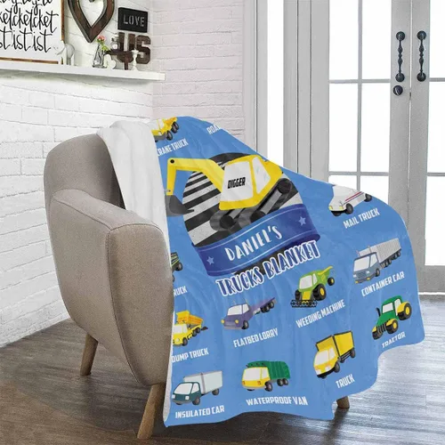 Vista 2 de Artsadd Mantas personalizadas con nombre y diseño de transporte para bebé niño de 30 x 40 pulgadas, manta personalizada de camión con nombre
