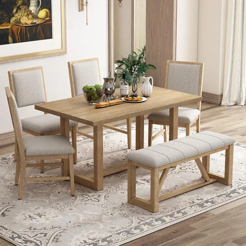 Vista 10 de Merax Juego de mesa de comedor retro de 6 piezas, 1 mesa rectangular con base de caballete diseñada y 4 sillas tapizadas y 1 banco para Gris