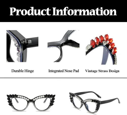 Vista 4 de LJCZKA Rhinestone Cat Eye Glasses Women Retro Diamond Bling Shiny Cateye Blue Light Blocking Glasses Computer Eyeglasses