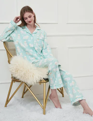 Vista 2 de CHUNG Conjunto de pijama de franela para mujer, tops con botones de algodón cepillado, pantalones S-XL, ropa de dormir, ropa de descanso, acogedora