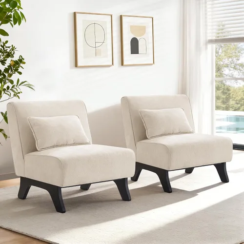 Vista 21 de Silla de acento tapizada sin brazos, sillas modernas y cómodas para sala de estar con patas de madera y almohadas, sofá cama lateral para dormitorio