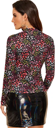Vista 2 de SweatyRocks - Camiseta femenina entallada de manga larga y cuello alto con motivo floral