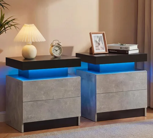 Vista 21 de Generic Juego de 2 Mesitas de noche con 2 cajones, mesa de noche con cajones para muebles de dormitorio, mesa auxiliar con luz LED, color negro