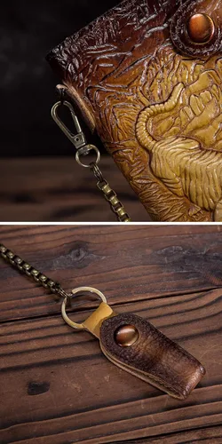 Vista 6 de Le'aokuu Organizador de billetera plegable de cuero genuino para hombre con cadena de hierro, 1088 Tigre Oro, M, Cartera plegable