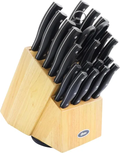 Vista 2 de Oster Huxford - Juego de 14 cubiertos de acero inoxidable con bloques de madera de caoba, color negro