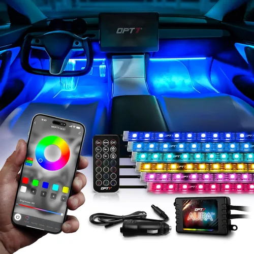 Vista 10 de OPT7 Aura Pro 4 piezas Tiras de luz LED dobles para interior de auto con APP y control remoto, modo multicolor, kit de iluminación de acento de neón