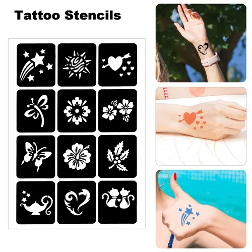 Vista 5 de Qpout Plantillas de tatuaje para niños y adultos, kit de plantillas de tatuaje de henna, diseño de plantillas de tatuaje pequeñas y grandes