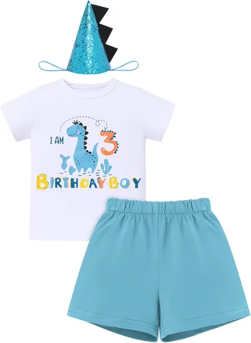 Vista 16 de ODASDO Conjunto de camiseta de manga corta para bebé, diseño de dinosaurio, 1º, 2º y 3º cumpleaños