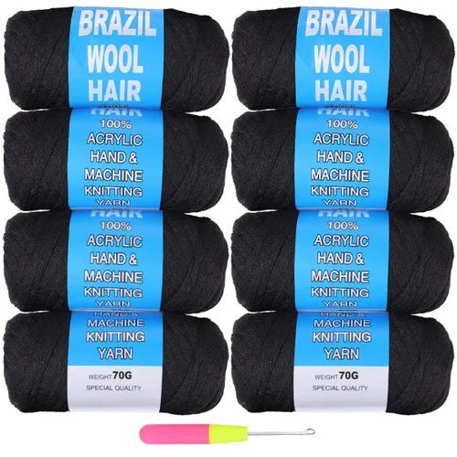 Vista 9 de COOKOO 2 rollos de hilo de lana brasileña color negro natural para cabello trenzado de ganchillo, trenzas, torsión, urdimbres, torsión senegalesa