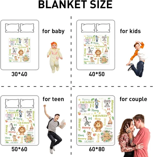Vista 8 de KAINSY Manta personalizada de animales para niños y niñas, safari en la selva, manta con nombre personalizado para cama de cuarto de bebé